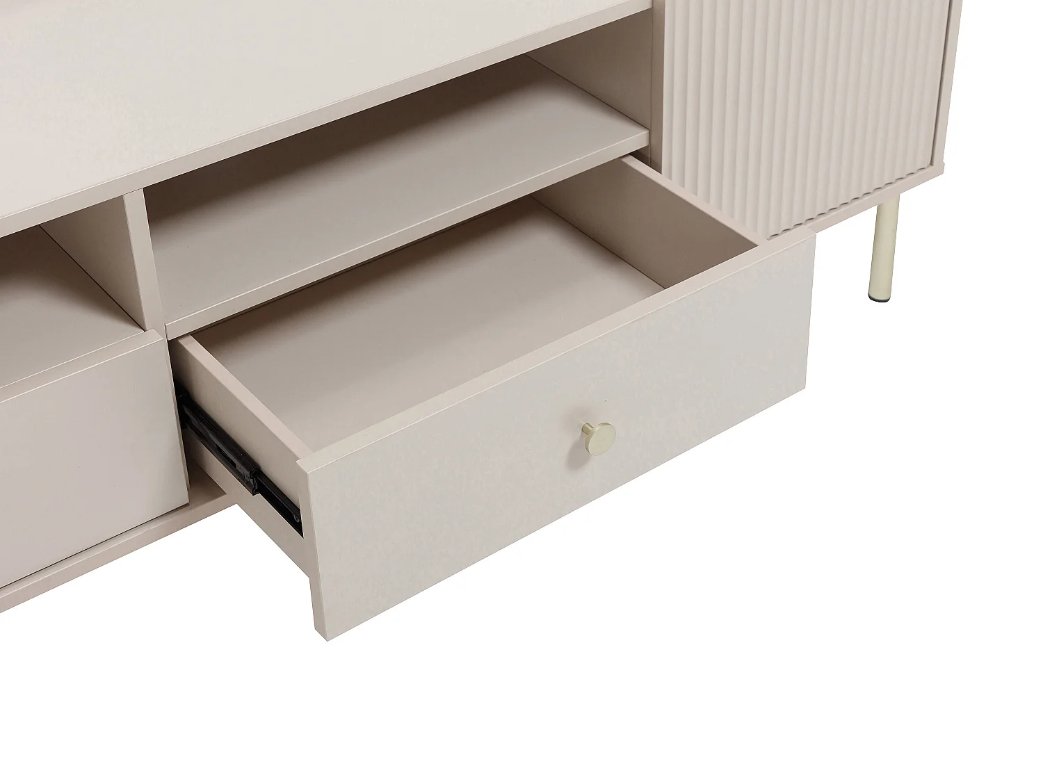 Meuble TV avec 2 portes, 2 tiroirs et 2 niches - Beige et doré - LUNAOR