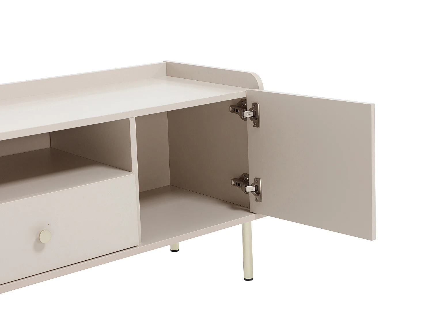 Meuble TV avec 2 portes, 2 tiroirs et 2 niches - Beige et doré - LUNAOR