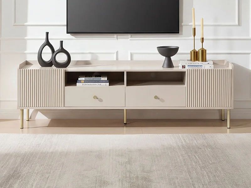 Meuble TV avec 2 portes, 2 tiroirs et 2 niches - Beige et doré - LUNAOR