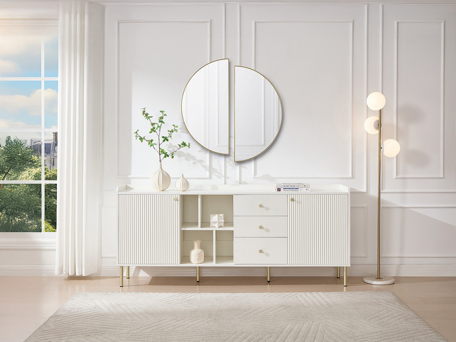 Sideboard mit 2 Türen, 3 Schubladen und 4 Fächern – Weiß & Gold – LUNAOR günstig online kaufen