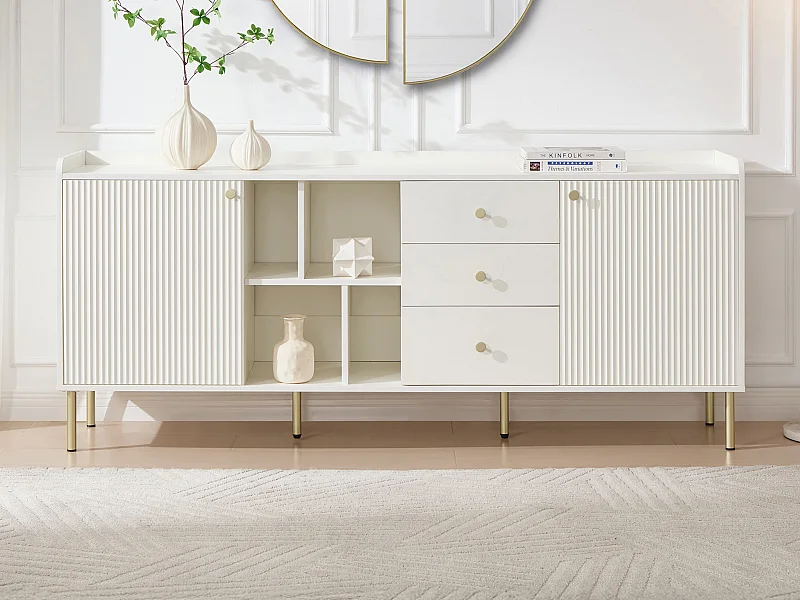 Buffet avec 2 portes, 3 tiroirs et 4 niches - Blanc et doré - LUNAOR