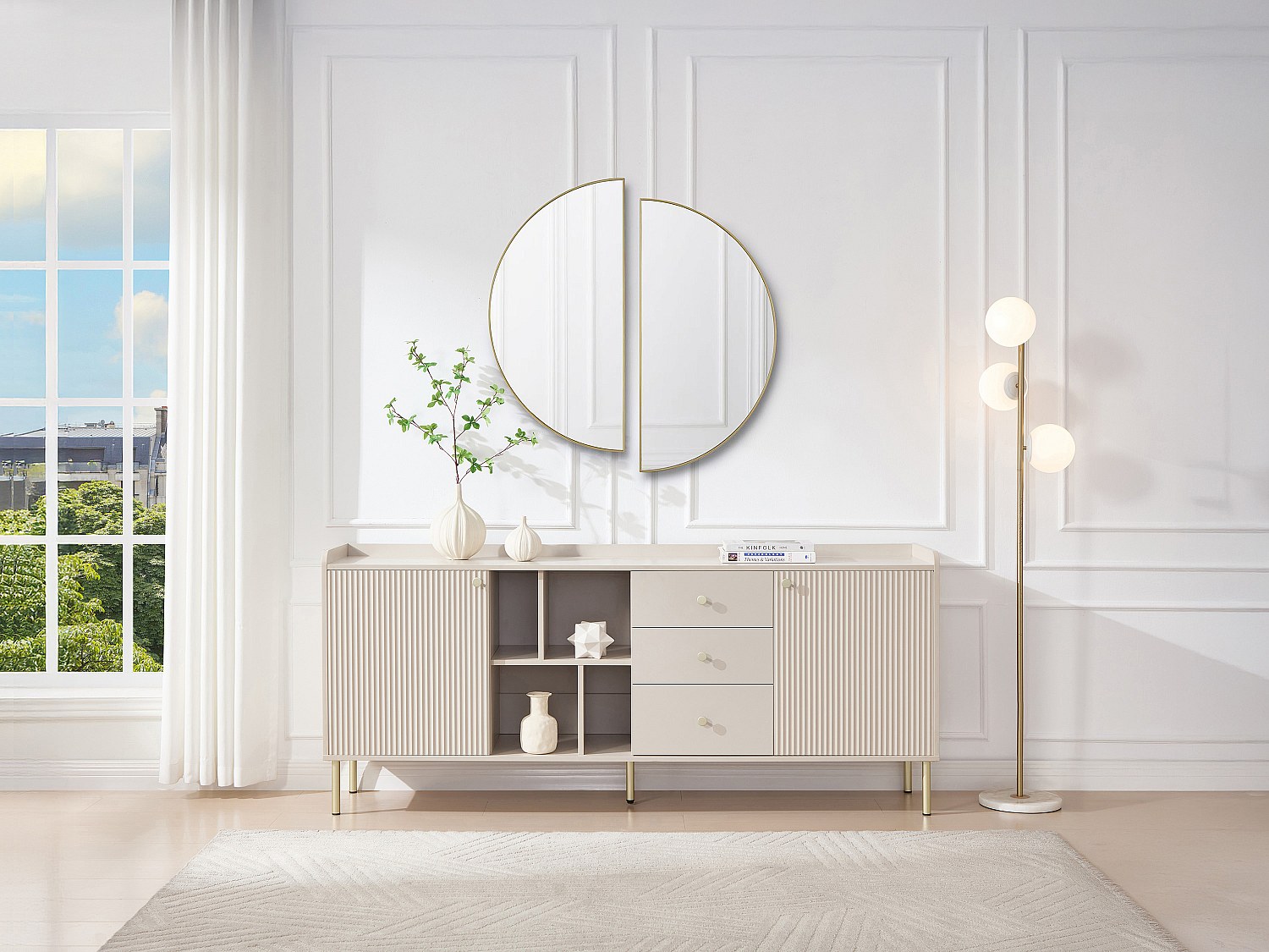 Sideboard mit 2 Türen, 3 Schubladen und 4 Fächern – Beige & Gold – LUNAOR günstig online kaufen