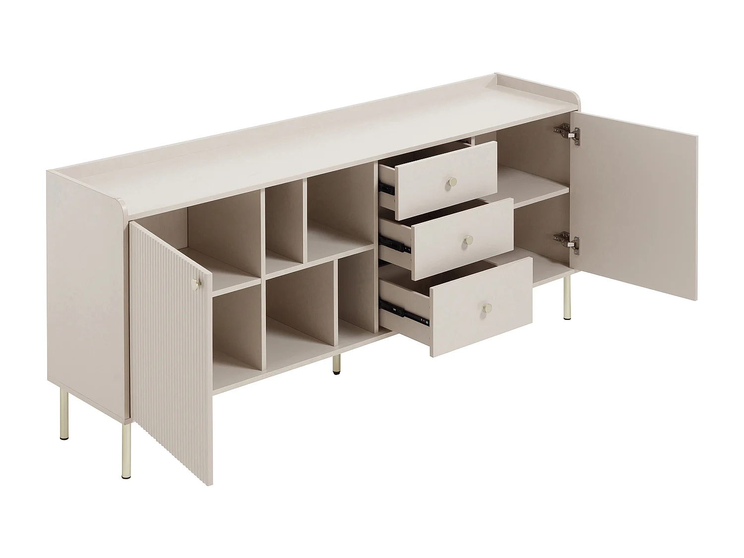 Buffet avec 2 portes, 3 tiroirs et 4 niches - Beige et doré - LUNAOR