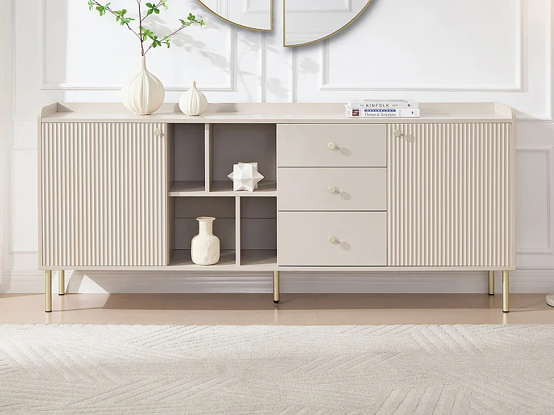 Buffet avec 2 portes, 3 tiroirs et 4 niches - Beige et doré - LUNAOR