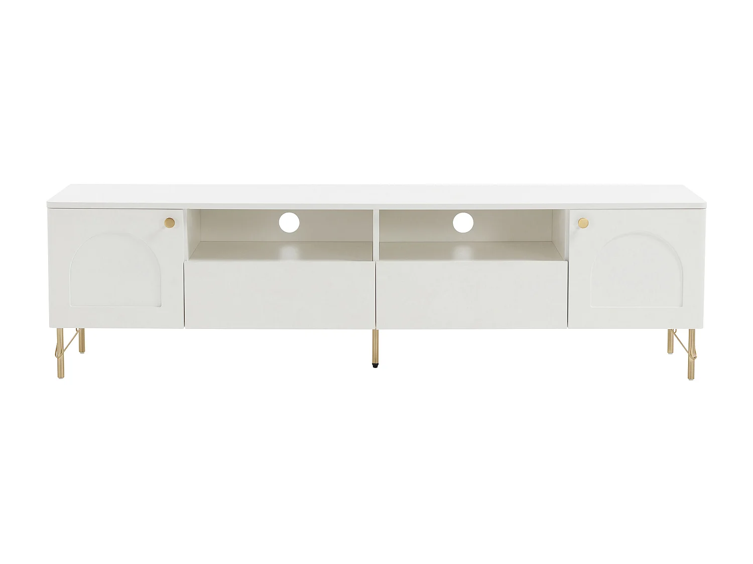 Mueble de TV con 2 puertas, 2 cajones y 2 huecos - Blanco y dorado - ALOBARA