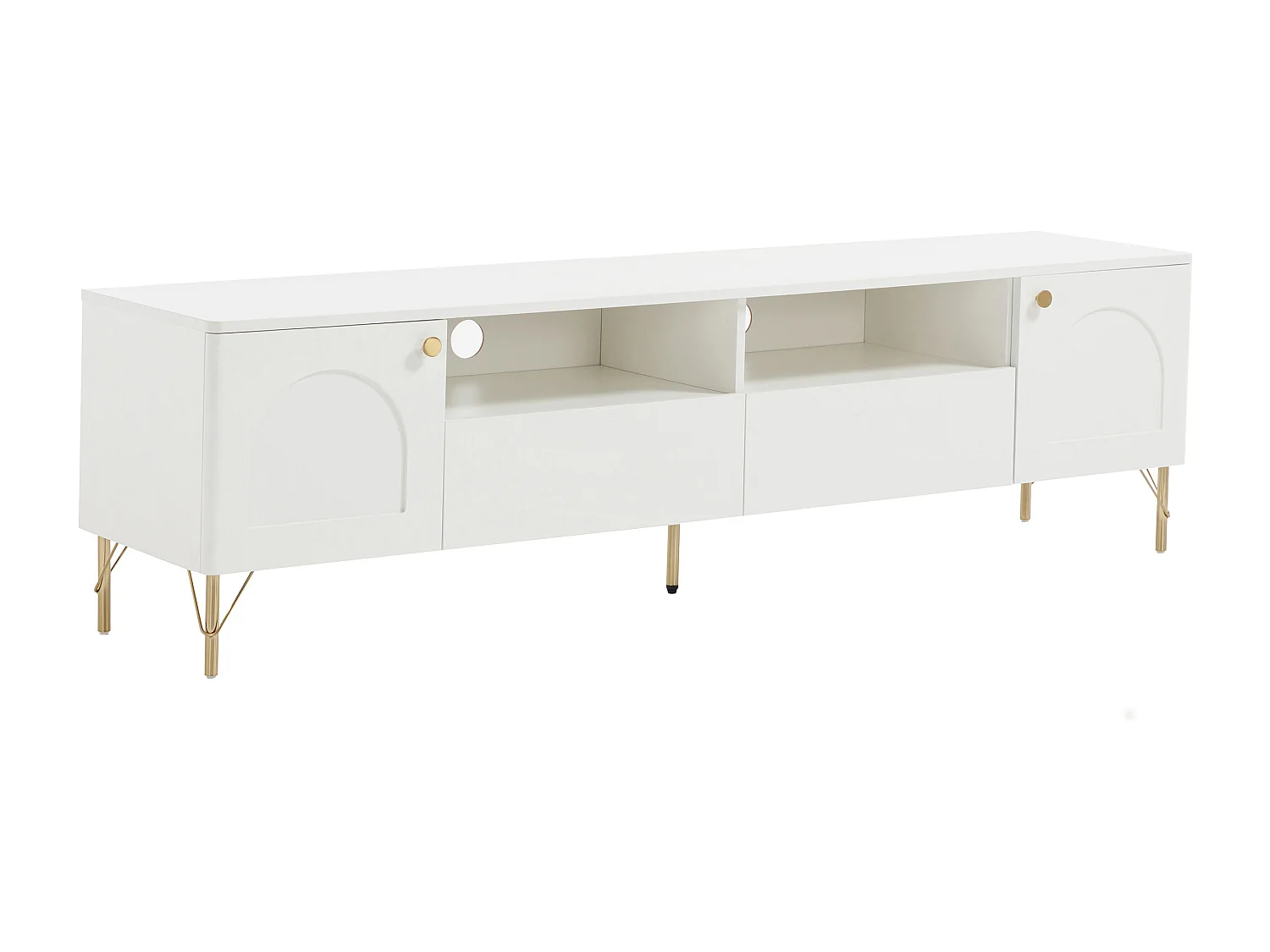Mueble de TV con 2 puertas, 2 cajones y 2 huecos - Blanco y dorado - ALOBARA