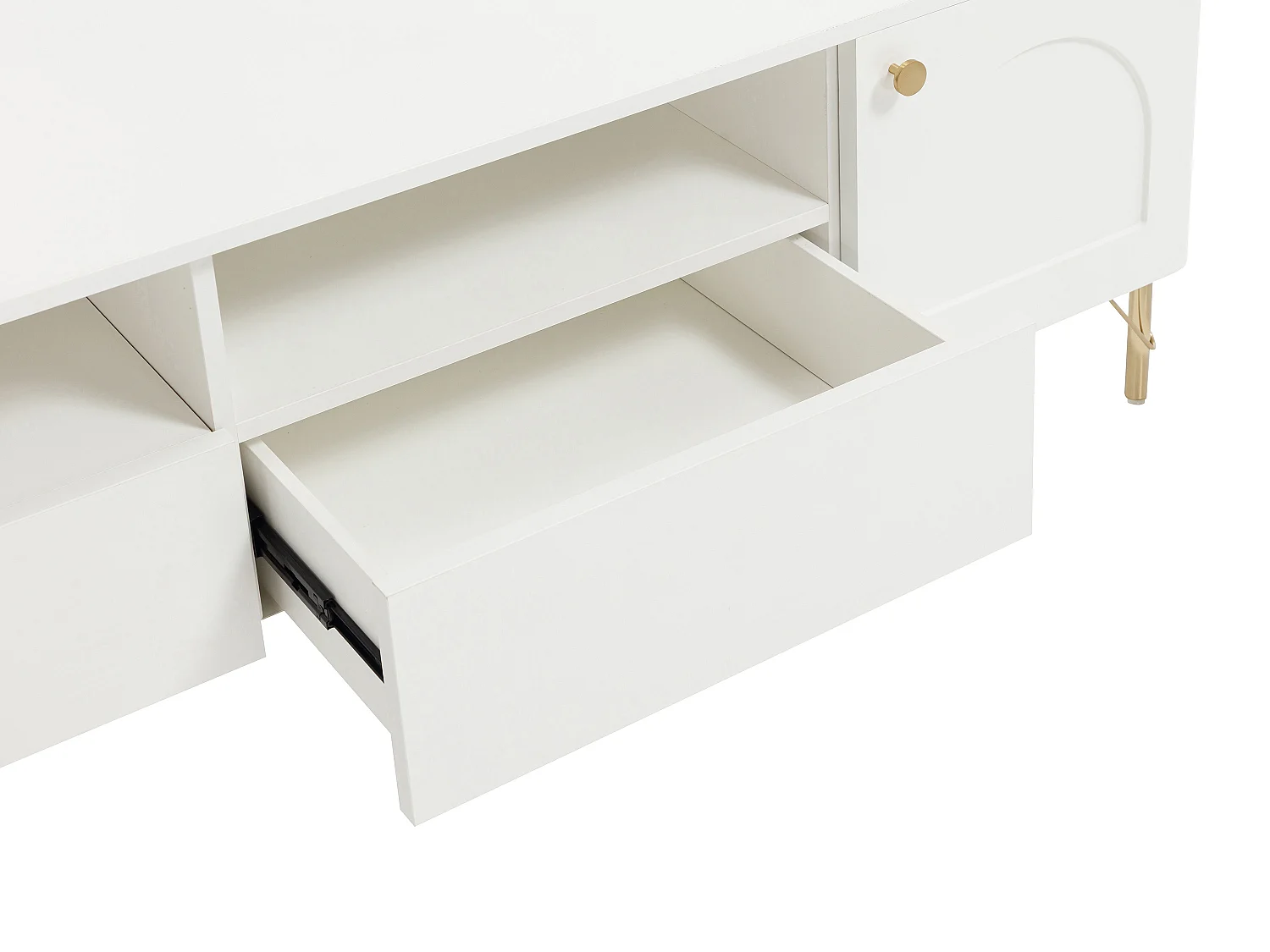 Mueble de TV con 2 puertas, 2 cajones y 2 huecos - Blanco y dorado - ALOBARA