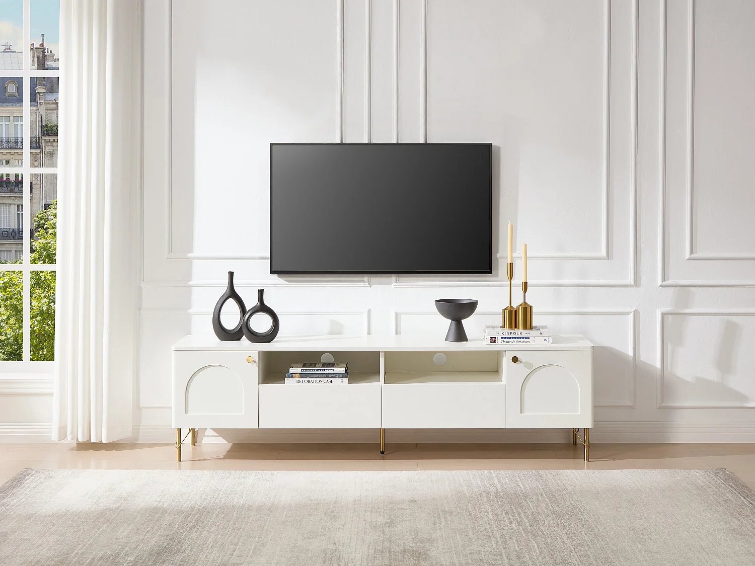 Mueble de TV con 2 puertas, 2 cajones y 2 huecos - Blanco y dorado - ALOBARA