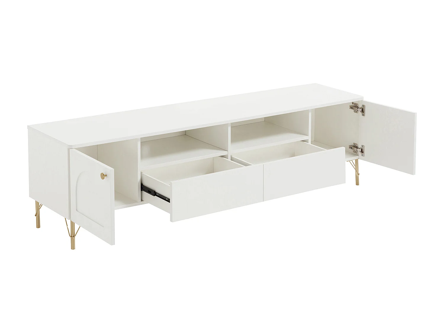 Mueble de TV con 2 puertas, 2 cajones y 2 huecos - Blanco y dorado - ALOBARA