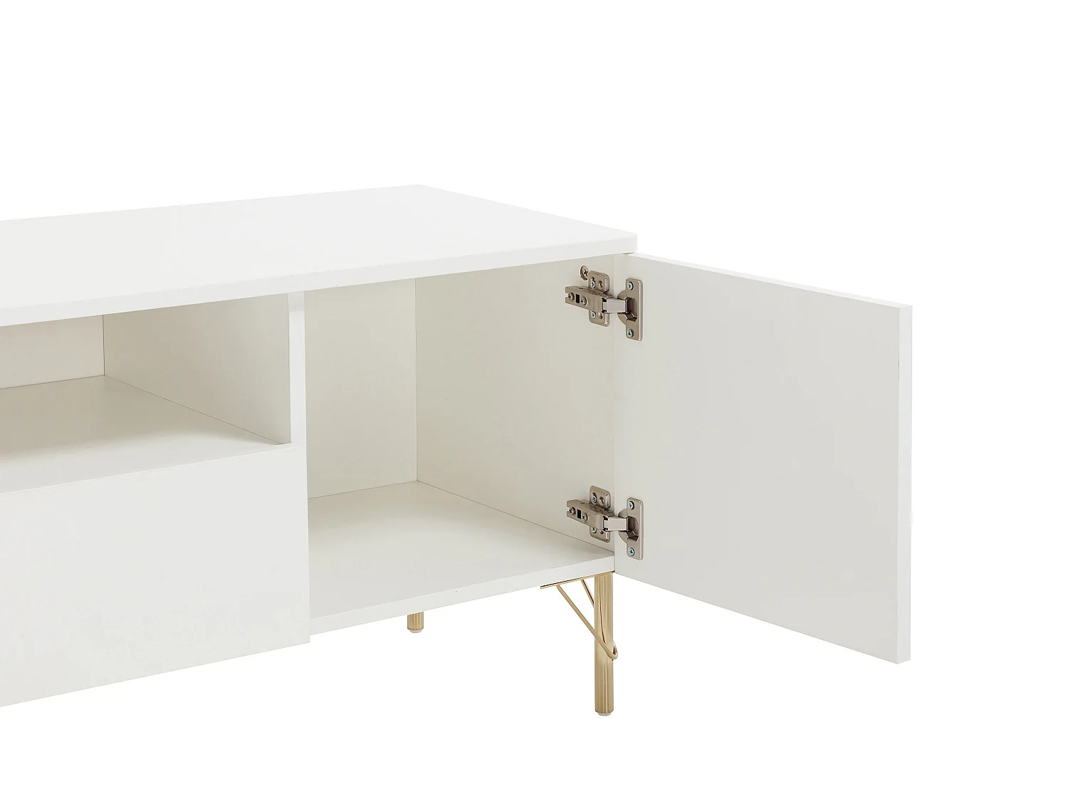 Mueble de TV con 2 puertas, 2 cajones y 2 huecos - Blanco y dorado - ALOBARA