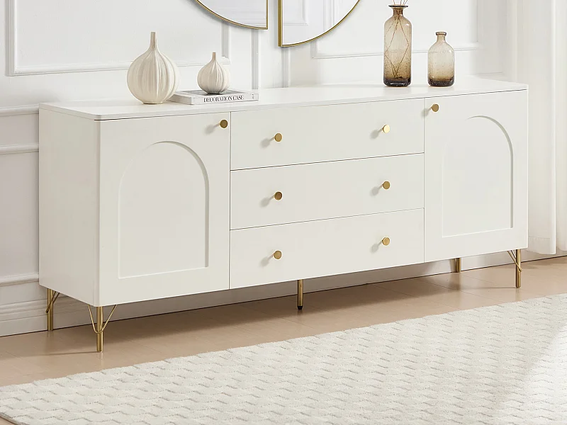 Buffet avec 2 portes et 3 tiroirs - Blanc et doré - ALOBARA