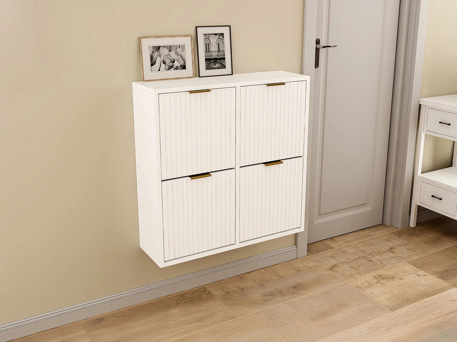 Mobile porta scarpe 4 scomparti a ribalta Bianco e dorato - FRALYN di Pascal Morabito