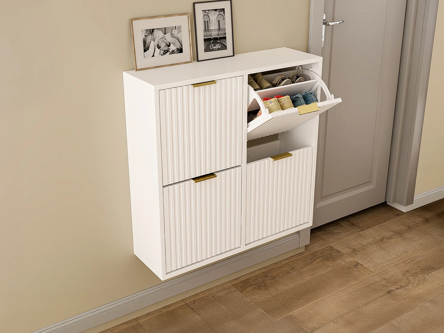 Mobile porta scarpe 4 scomparti a ribalta Bianco e dorato - FRALYN di Pascal Morabito