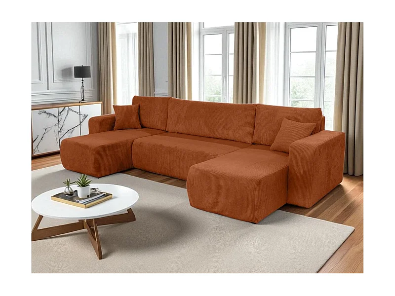 Canapé d'angle ALYA panoramique convertible 6 places en velours cotelé - Terracotta