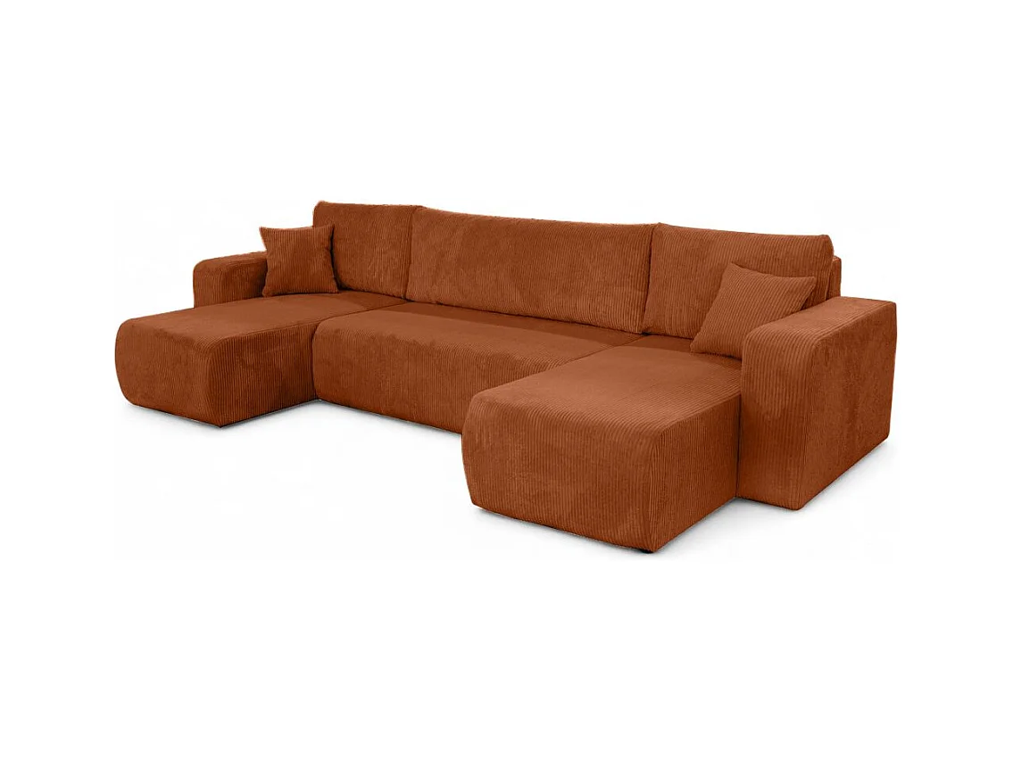 Canapé d'angle ALYA panoramique convertible 6 places en velours cotelé - Terracotta