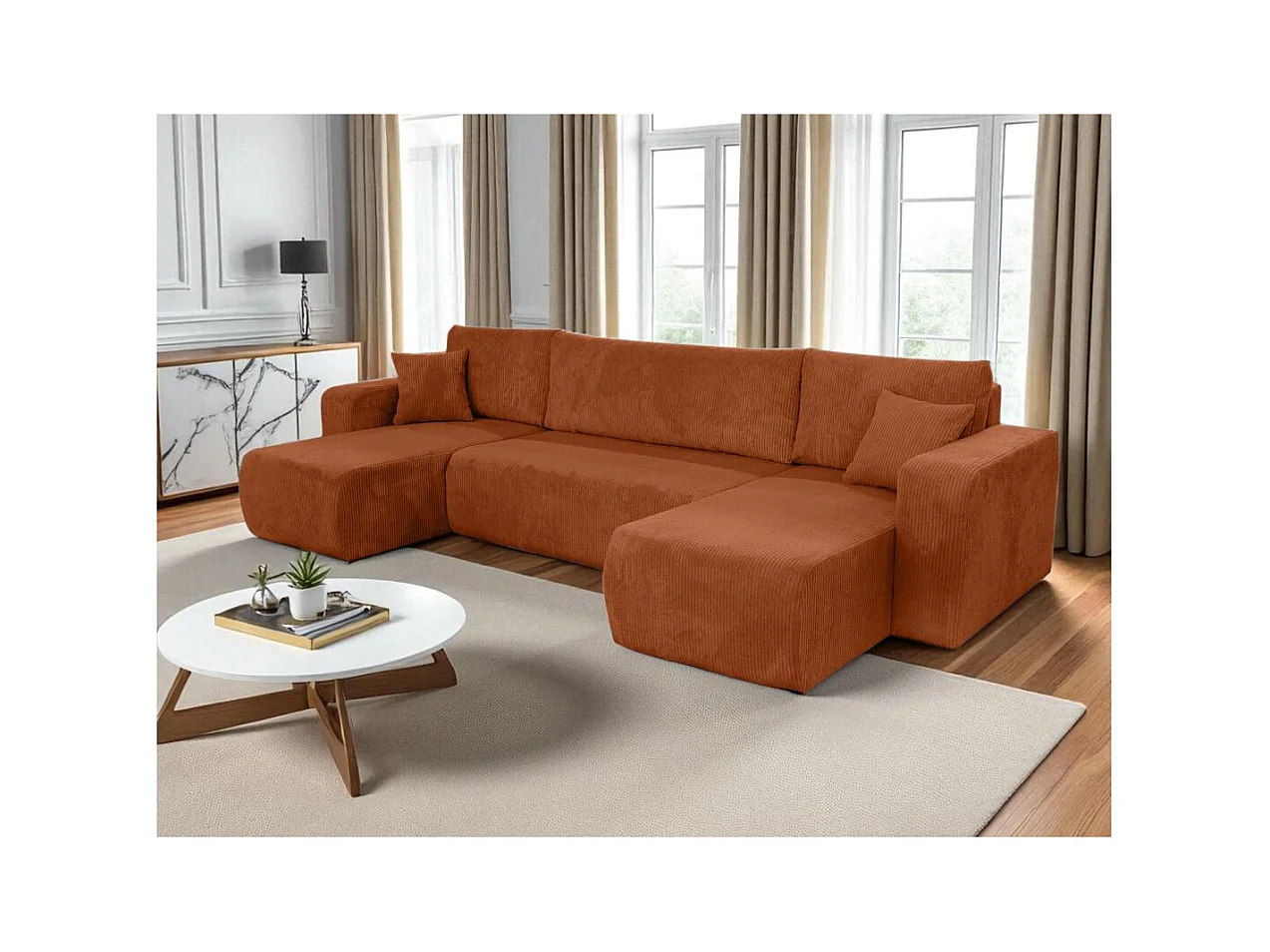 Canapé d'angle ALYA panoramique convertible 6 places en velours cotelé - Terracotta