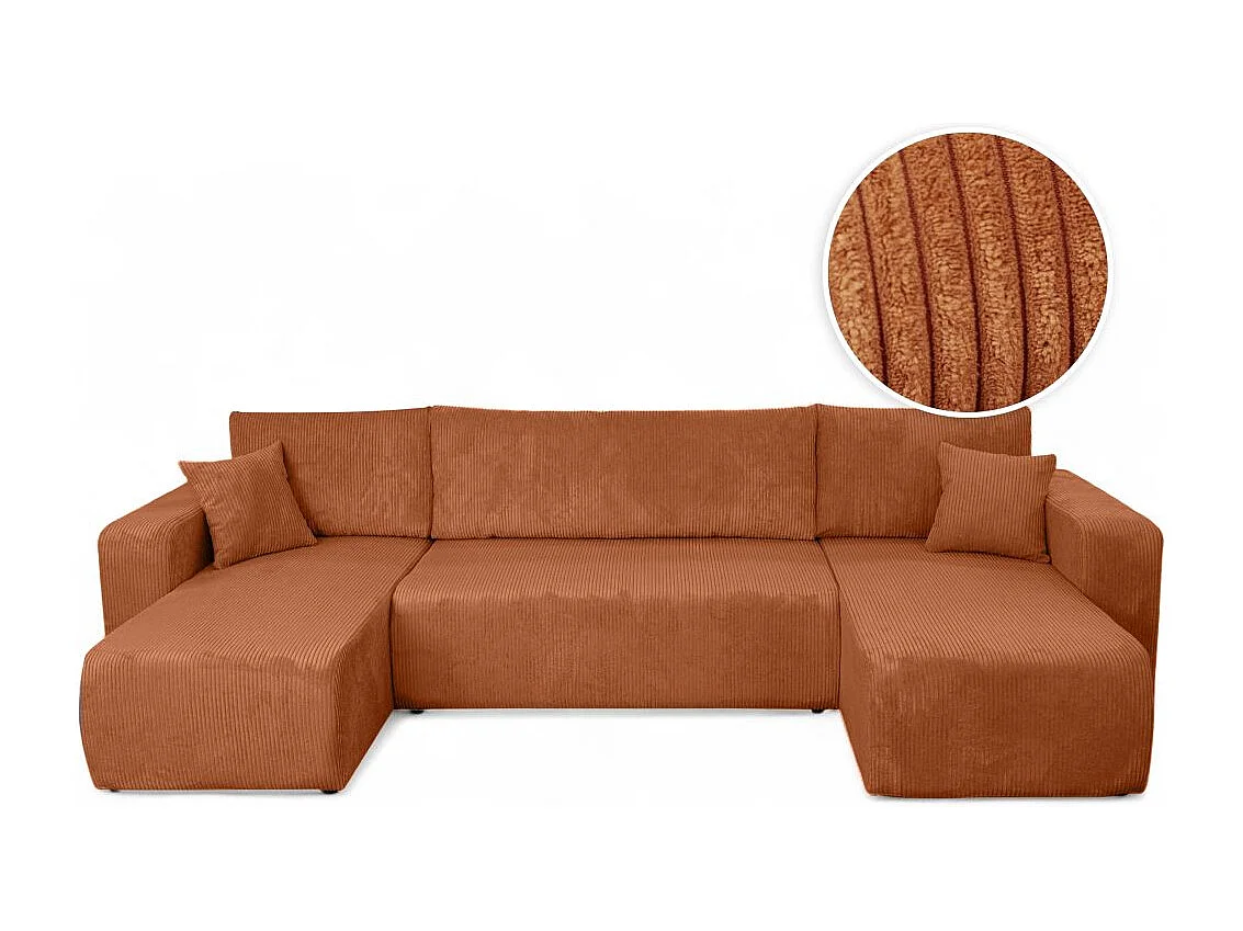 Canapé d'angle ALYA panoramique convertible 6 places en velours cotelé - Terracotta