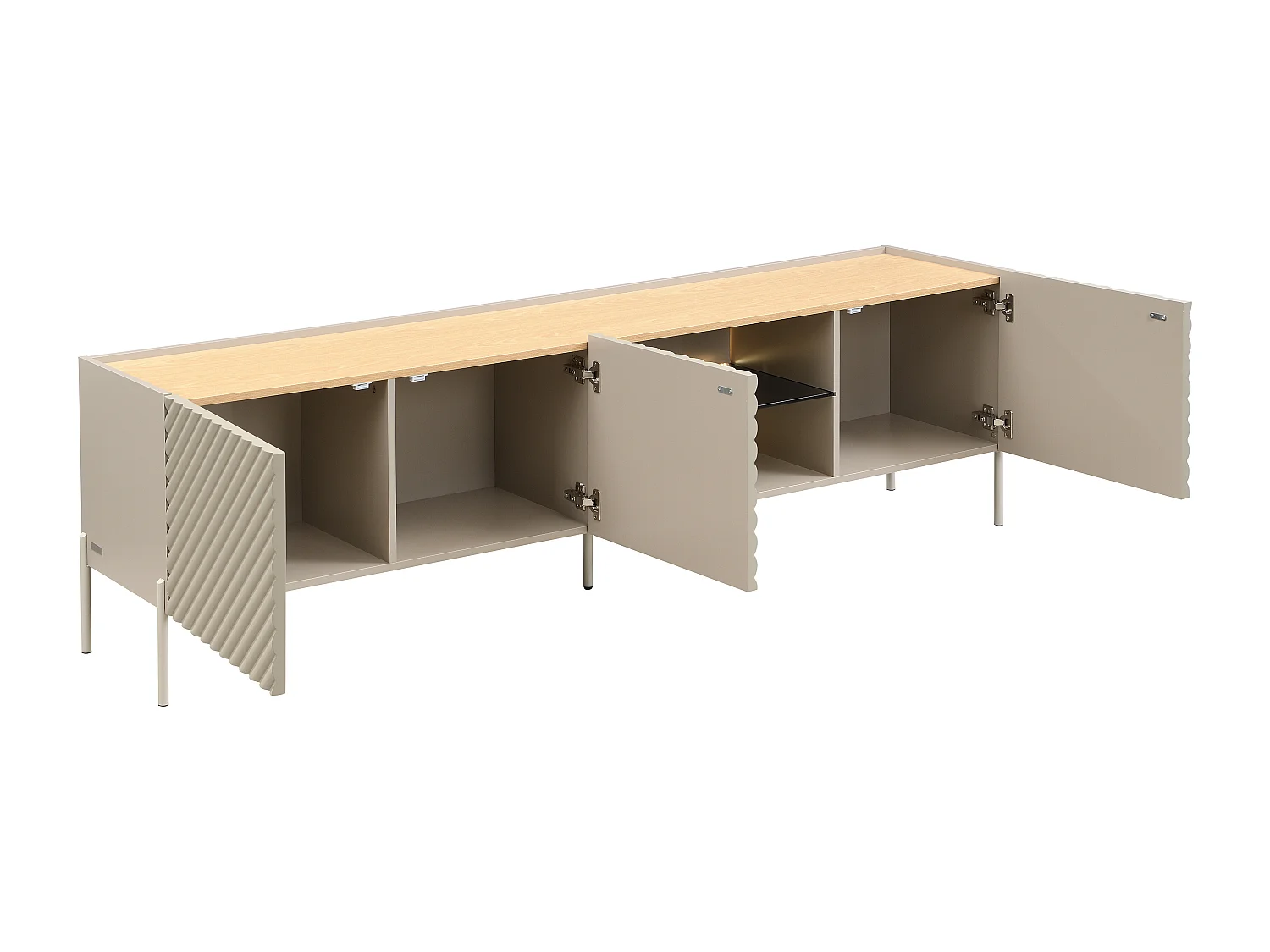 Meuble TV 3 portes et 2 niches avec LEDs en MDF et verre trempé fumé - Beige et naturel clair - TASIBA