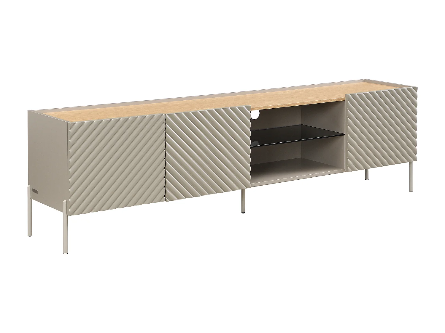 Meuble TV 3 portes et 2 niches avec LEDs en MDF et verre trempé fumé - Beige et naturel clair - TASIBA