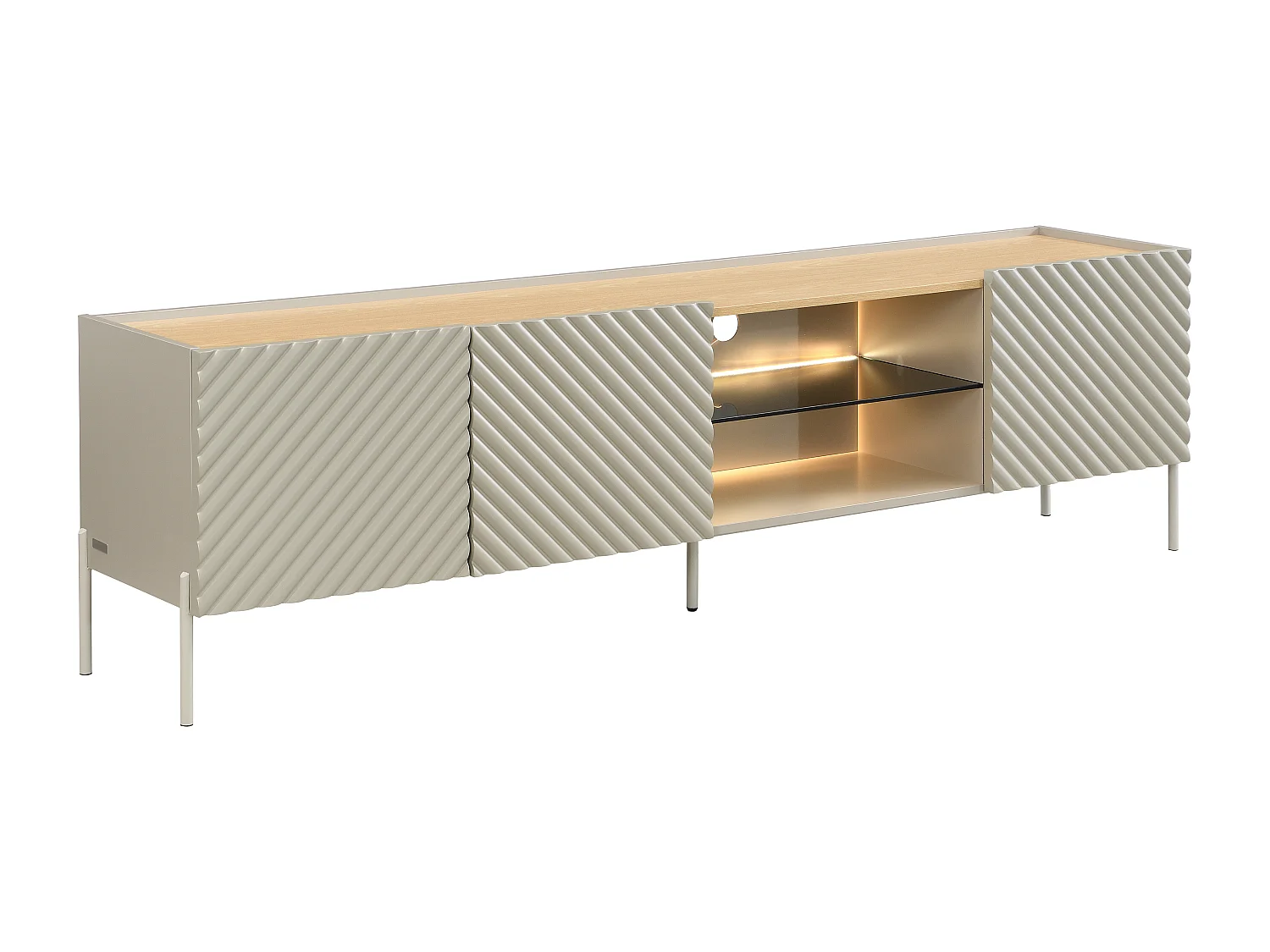 Meuble TV 3 portes et 2 niches avec LEDs en MDF et verre trempé fumé - Beige et naturel clair - TASIBA