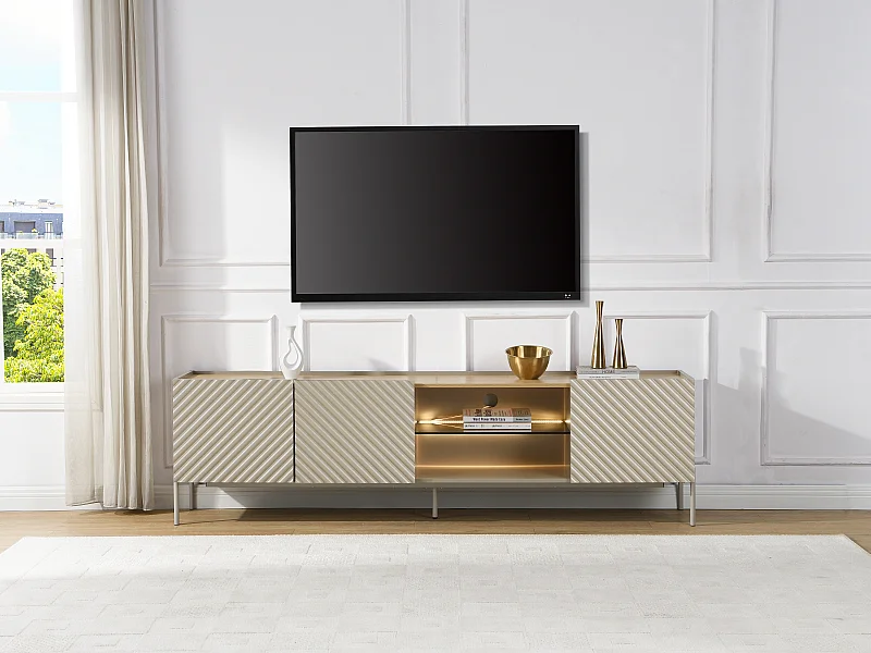 Meuble TV 3 portes et 2 niches avec LEDs en MDF et verre trempé fumé - Beige et naturel clair - TASIBA