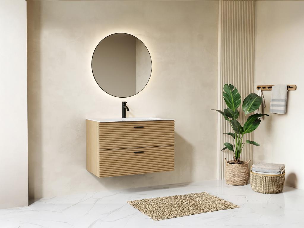 Meuble de salle de bain suspendu strié avec vasque à encastrer - 2 tiroirs - Naturel clair - 80 cm - SARONE
