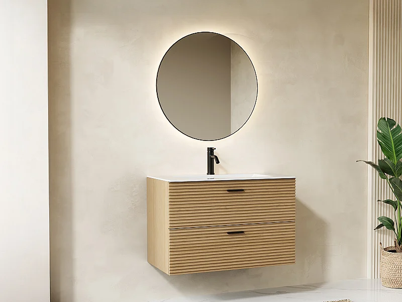 Meuble de salle de bain suspendu strié avec vasque à encastrer - 2 tiroirs - Naturel clair - 80 cm - SARONE