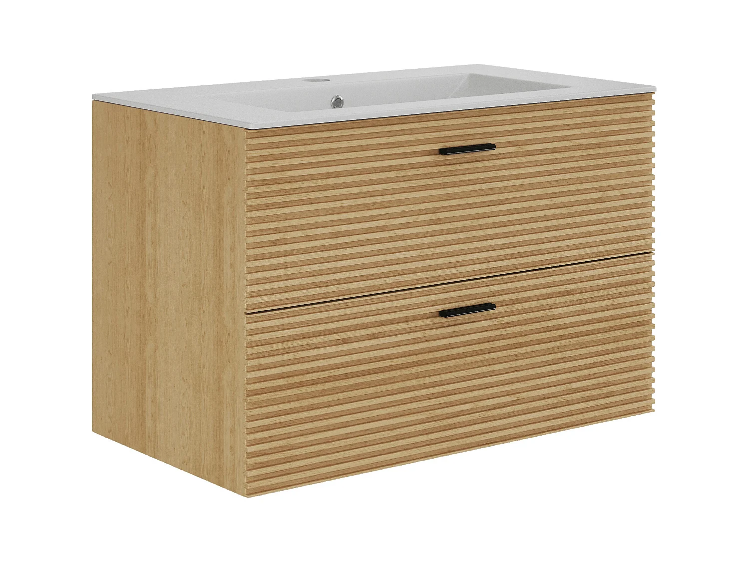 Meuble de salle de bain suspendu strié avec vasque à encastrer - 2 tiroirs - Naturel clair - 80 cm - SARONE