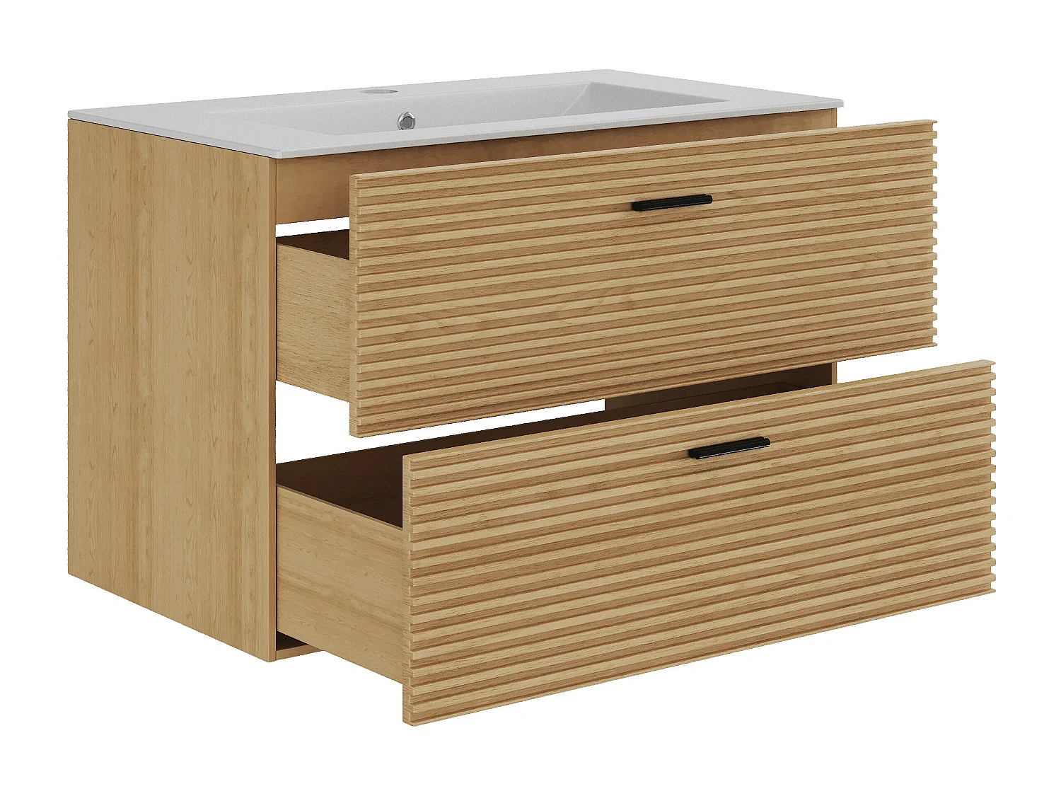 Meuble de salle de bain suspendu strié avec vasque à encastrer - 2 tiroirs - Naturel clair - 80 cm - SARONE