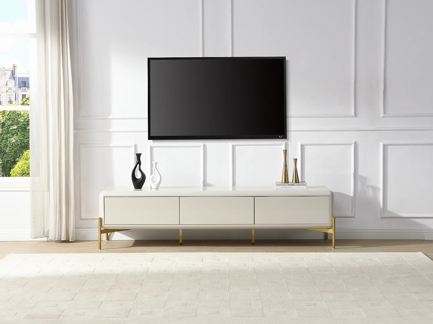 Meuble TV avec 3 tiroirs en MDF - Beige et doré - LYBAKA