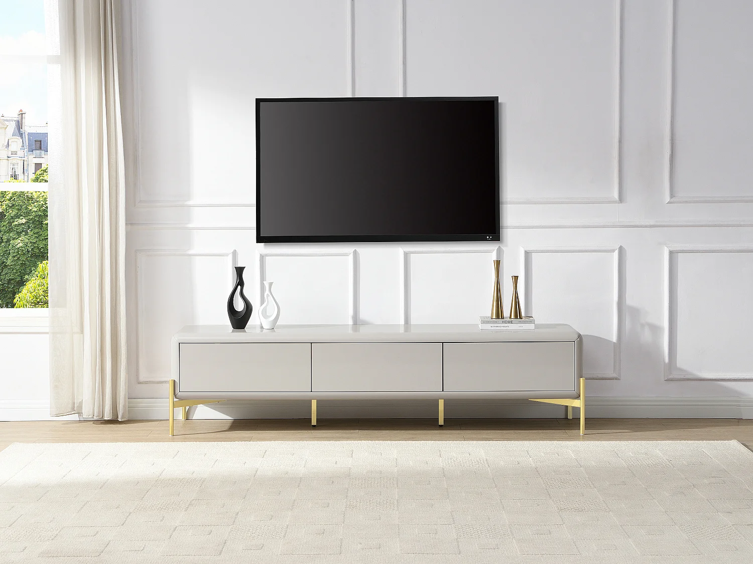 Meuble TV avec 3 tiroirs en MDF - Beige et doré - LYBAKA