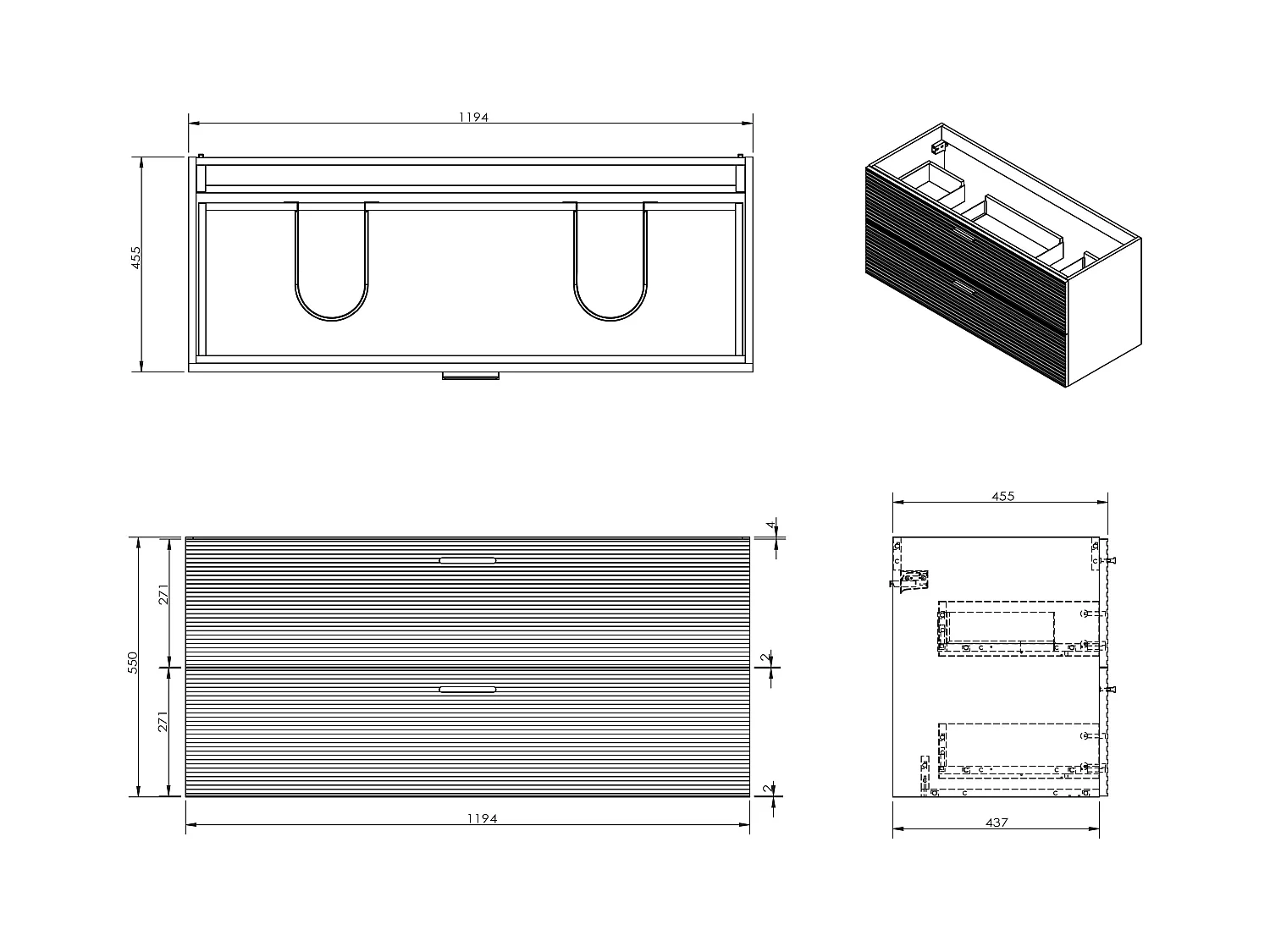 Meuble de salle de bain suspendu strié avec vasque à encastrer - 2 tiroirs - Naturel clair - 120 cm - SARONE