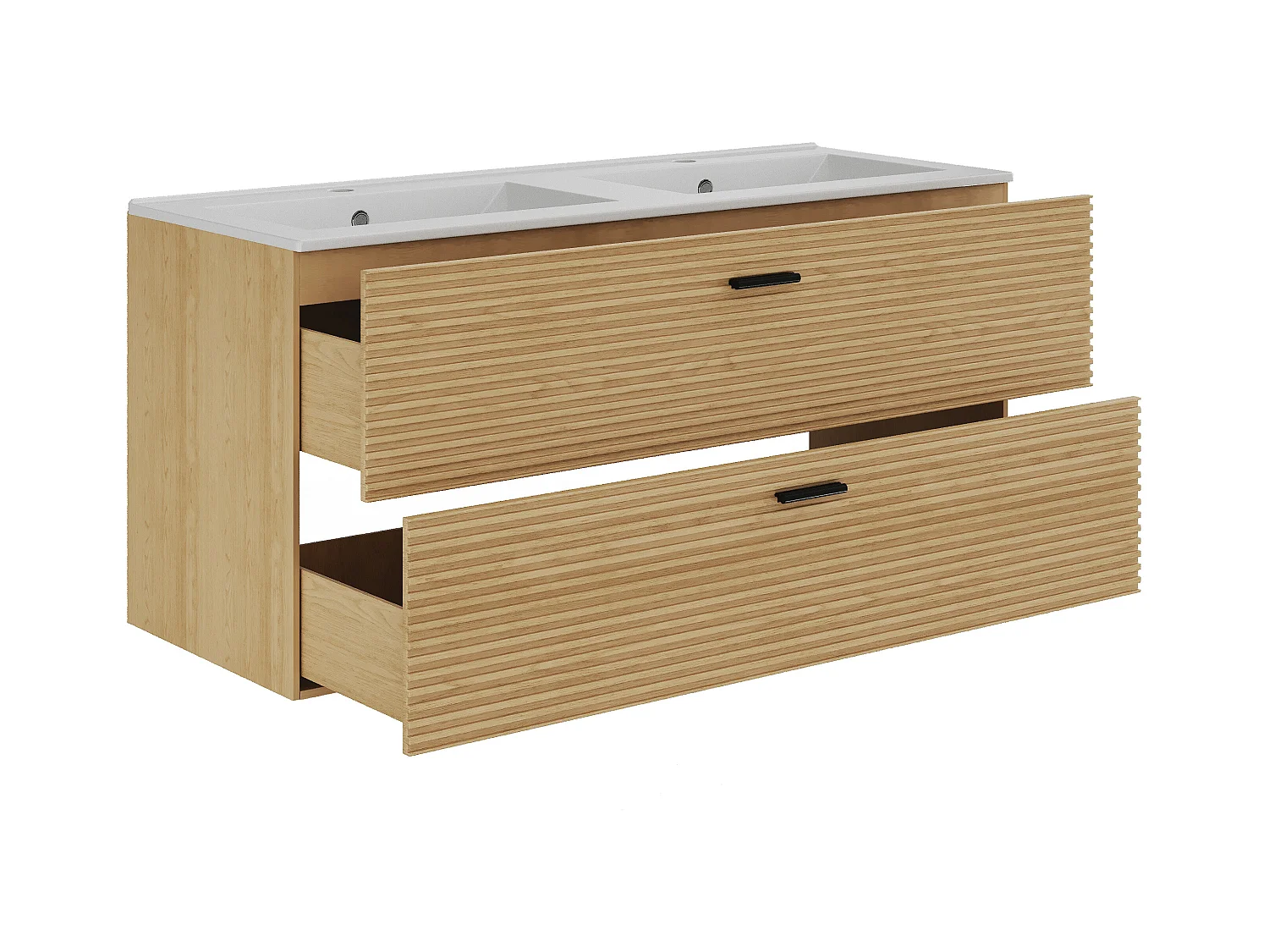 Meuble de salle de bain suspendu strié avec vasque à encastrer - 2 tiroirs - Naturel clair - 120 cm - SARONE