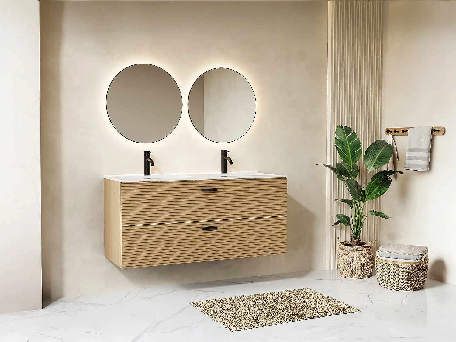 Badezimmermöbel geriffelt hängend mit Einbauwaschbecken - 2 Schubladen - Natur hell - 120 cm - SARONE