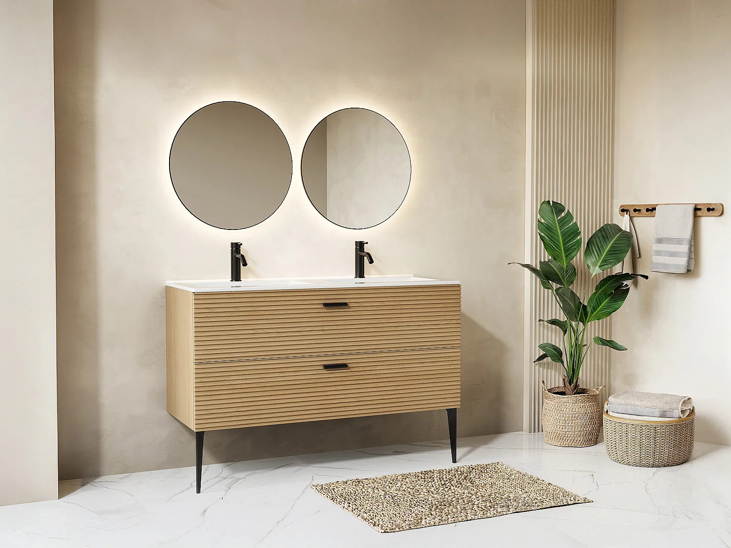 Meuble sous vasque strié sur pieds - 2 tiroirs - Naturel clair - 120 cm - SARONE