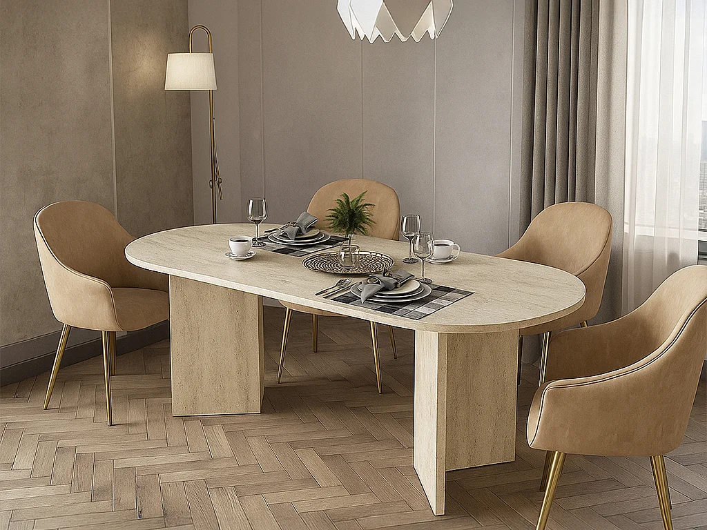 Table à manger 8 personnes - Effet travertin beige - TOPANIA