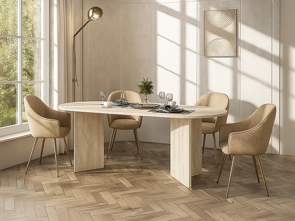 Eettafel 8 plaatsen - Beige travertijn effect - TOPANIA