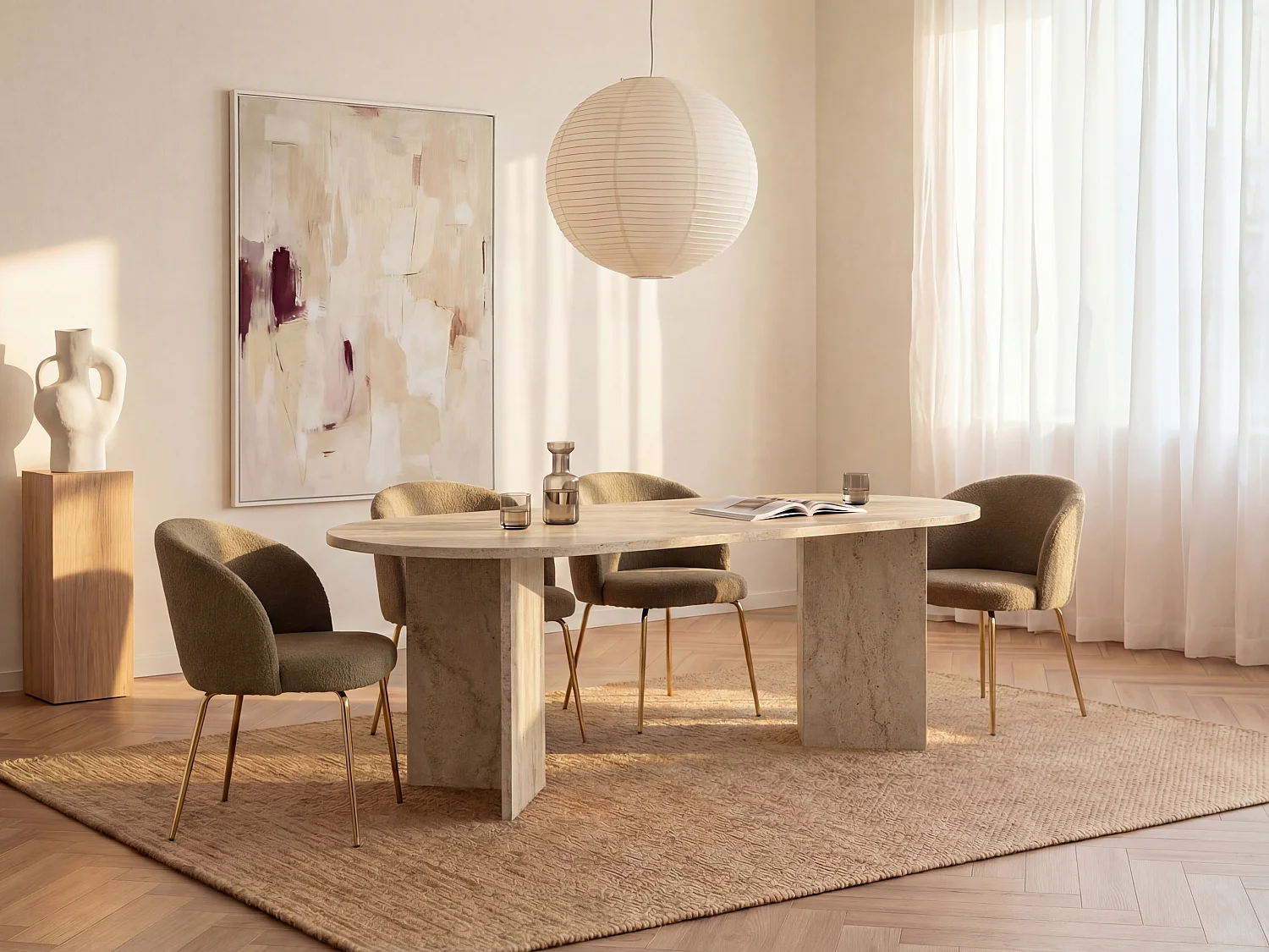 Table à manger 8 personnes - Effet travertin beige - TOPANIA