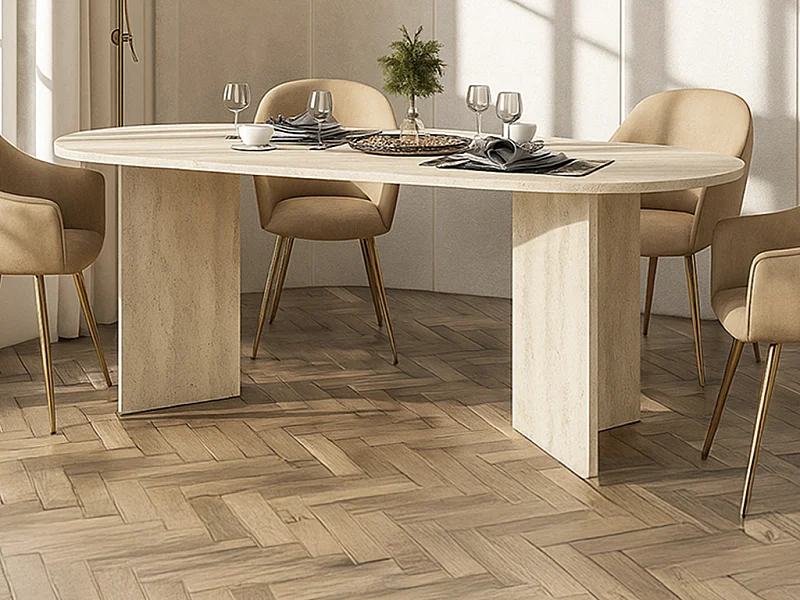 Table à manger 8 personnes - Effet travertin beige - TOPANIA