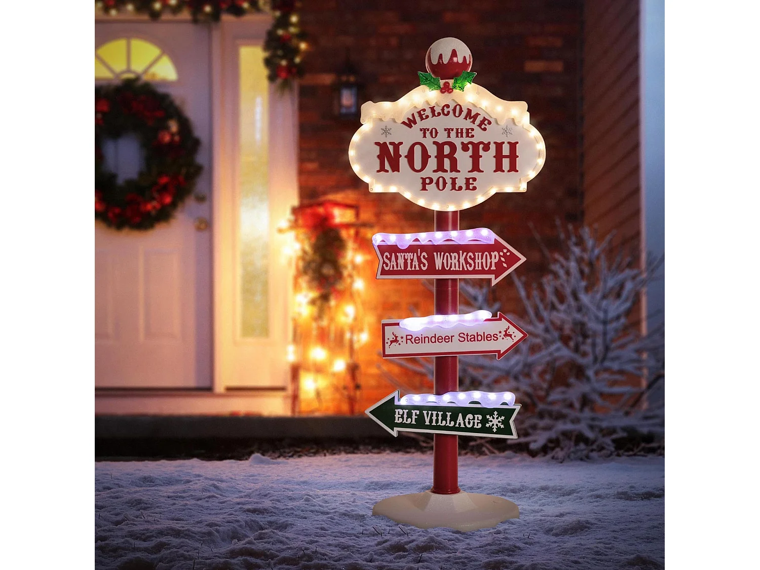 ECD Germany Decoración de Navidad indicador LED 95cm del Polo Norte para interior/exterior, letrero con 4 tablones rotulados señal de adorno iluminado