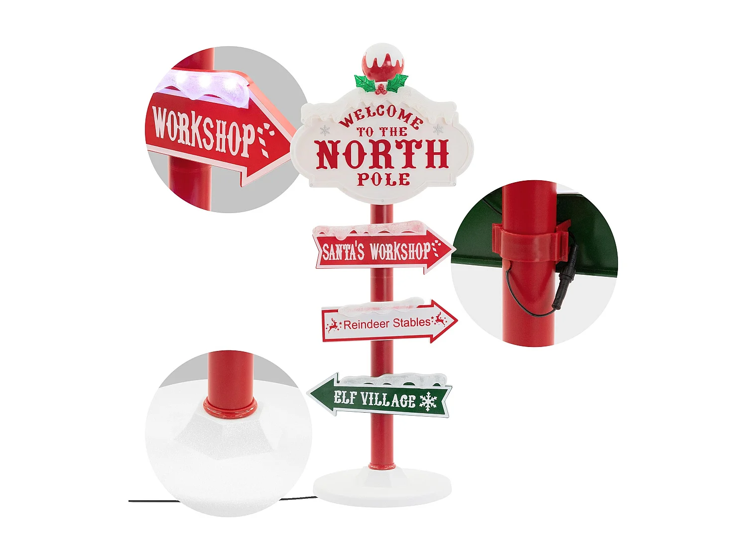 ECD Germany Decoración de Navidad indicador LED 95cm del Polo Norte para interior/exterior, letrero con 4 tablones rotulados señal de adorno iluminado