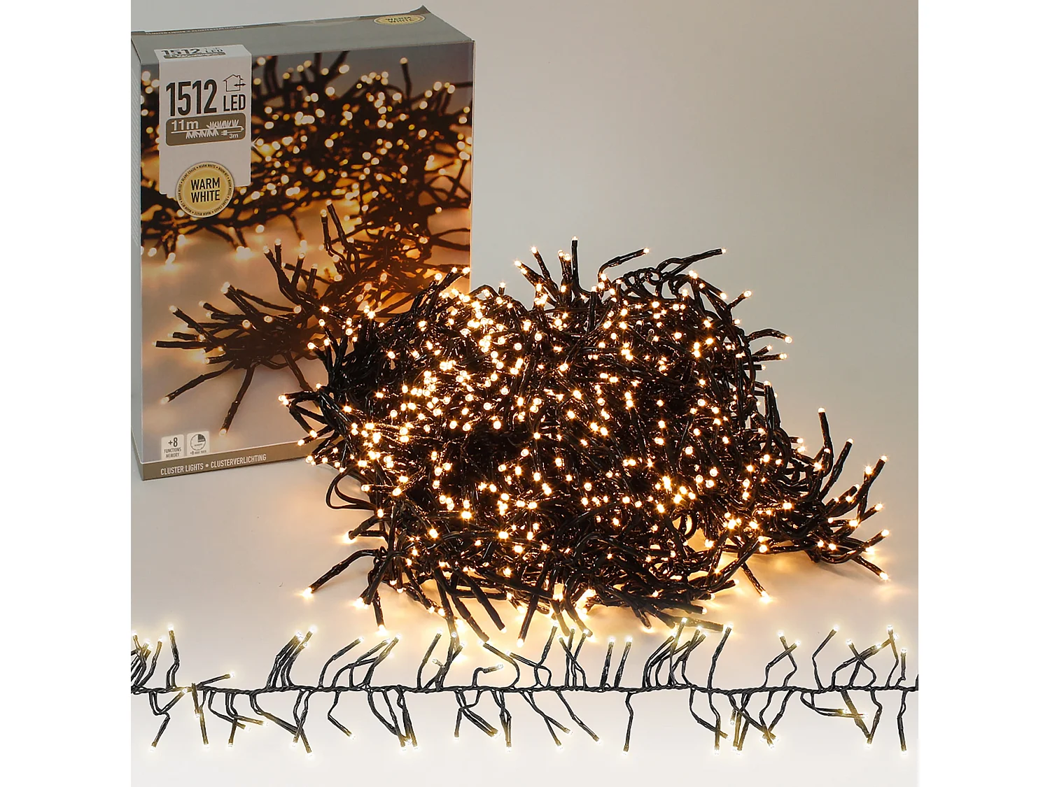 ECD Germany Catena luminosa a grappolo 11 m 1512 LED bianco caldo con timer 8 modalità illuminazione decorazioni natalizie IP44 luci cluster di Natale