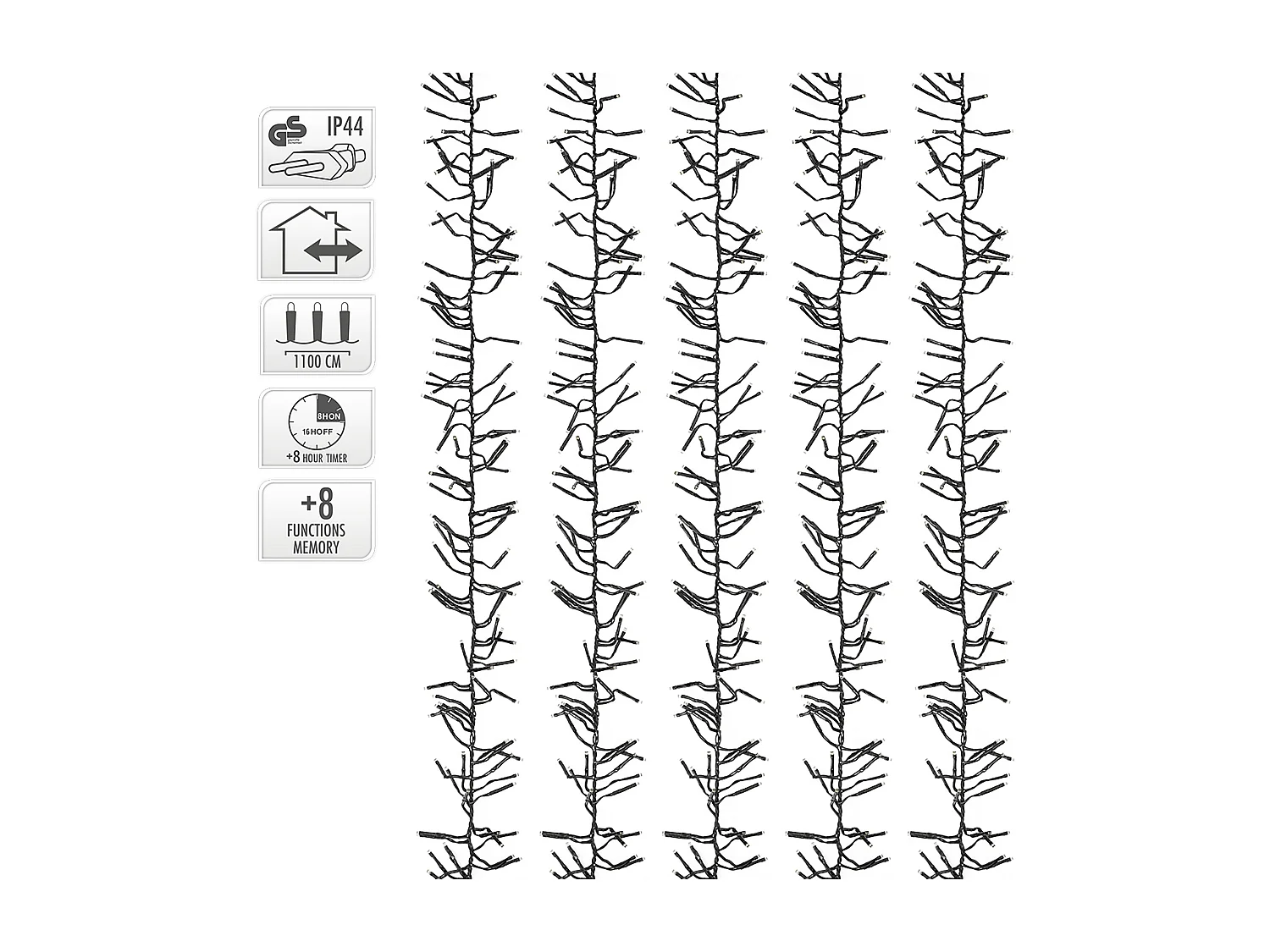 ECD Germany Catena luminosa a grappolo 11 m 1512 LED bianco caldo con timer 8 modalità illuminazione decorazioni natalizie IP44 luci cluster di Natale