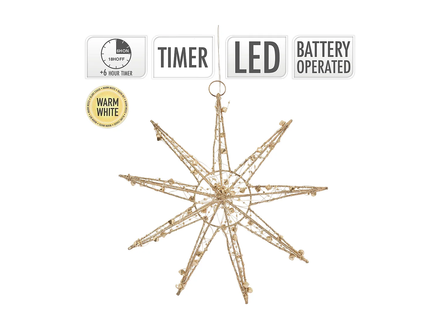 Étoile de noël décorative à suspendre 30 cm dorée avec 30 led blanc chaud en métal avec éclairage et minuterie à piles ornement de noël pour fenêtre