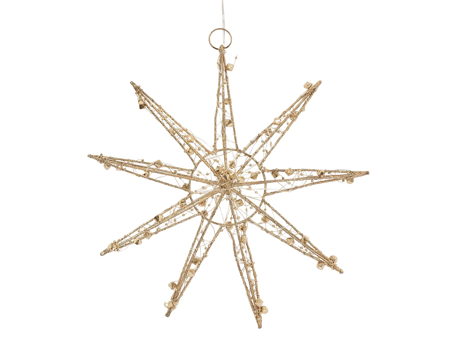 ECD Germany Decoración de Navidad Estrella colgante dorada con luces LED 30cm , copo de nieve navideño de metal con iluminación y temporizador a pilas