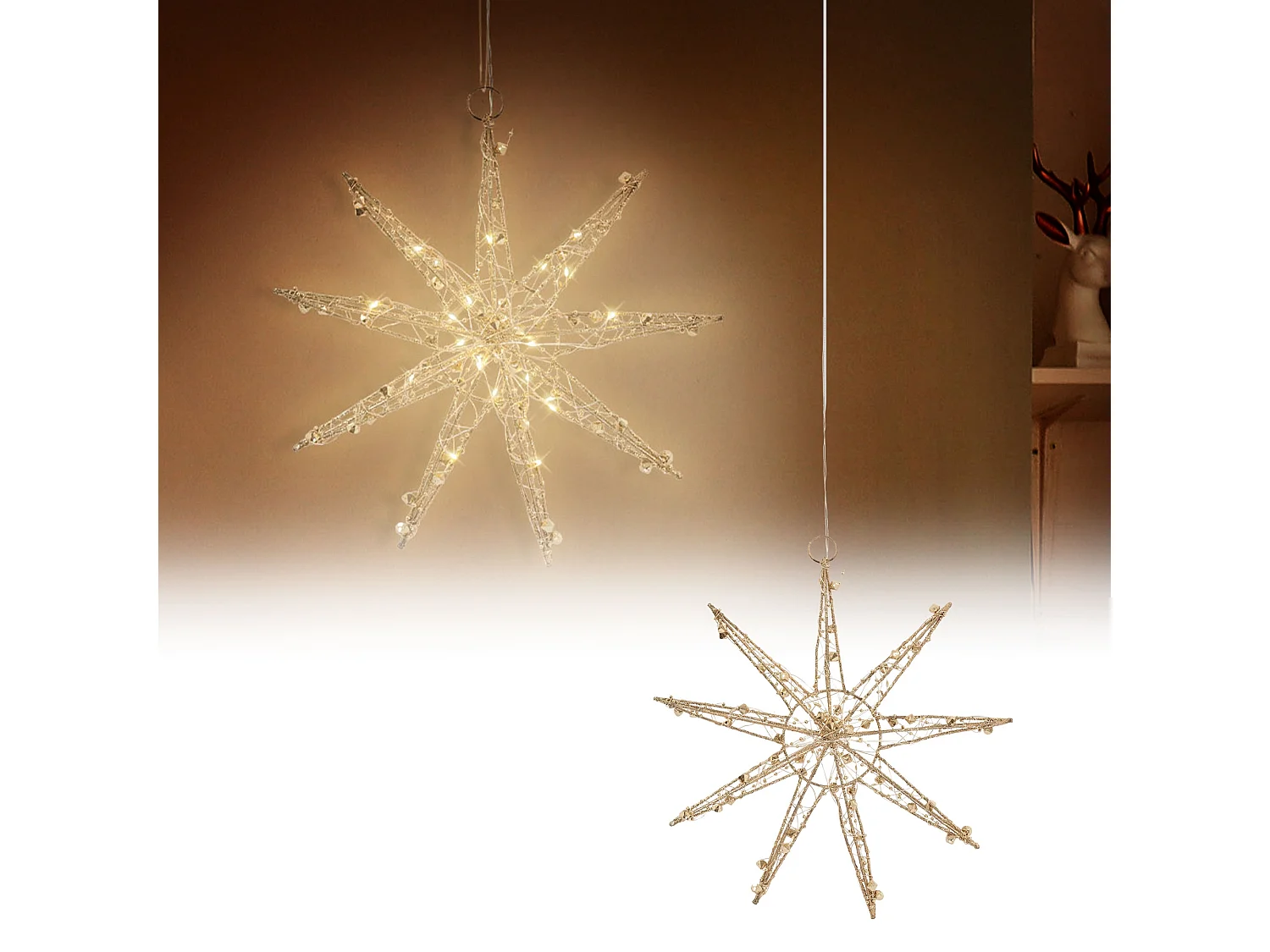 ECD Germany Decoración de Navidad Estrella colgante dorada con luces LED 30cm , copo de nieve navideño de metal con iluminación y temporizador a pilas