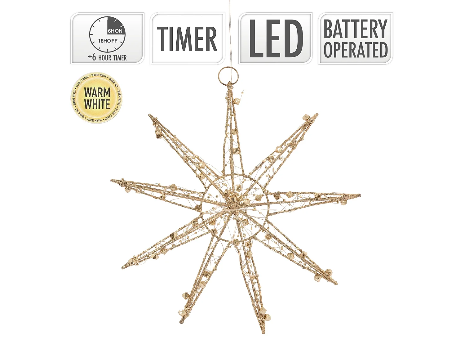 ECD Germany Decoración de Navidad Estrella colgante dorada con luces LED 30cm , copo de nieve navideño de metal con iluminación y temporizador a pilas