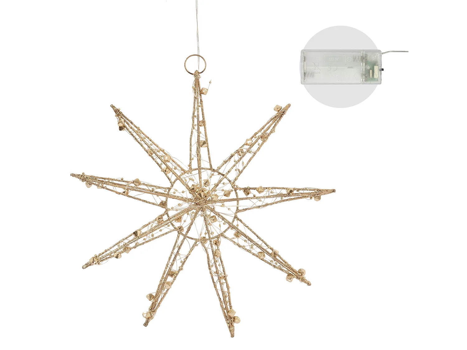 ECD Germany Decoración de Navidad Estrella colgante dorada con luces LED 30cm , copo de nieve navideño de metal con iluminación y temporizador a pilas