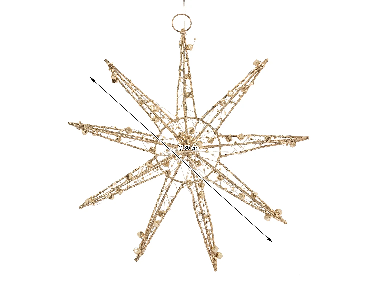 ECD Germany Decoración de Navidad Estrella colgante dorada con luces LED 30cm , copo de nieve navideño de metal con iluminación y temporizador a pilas