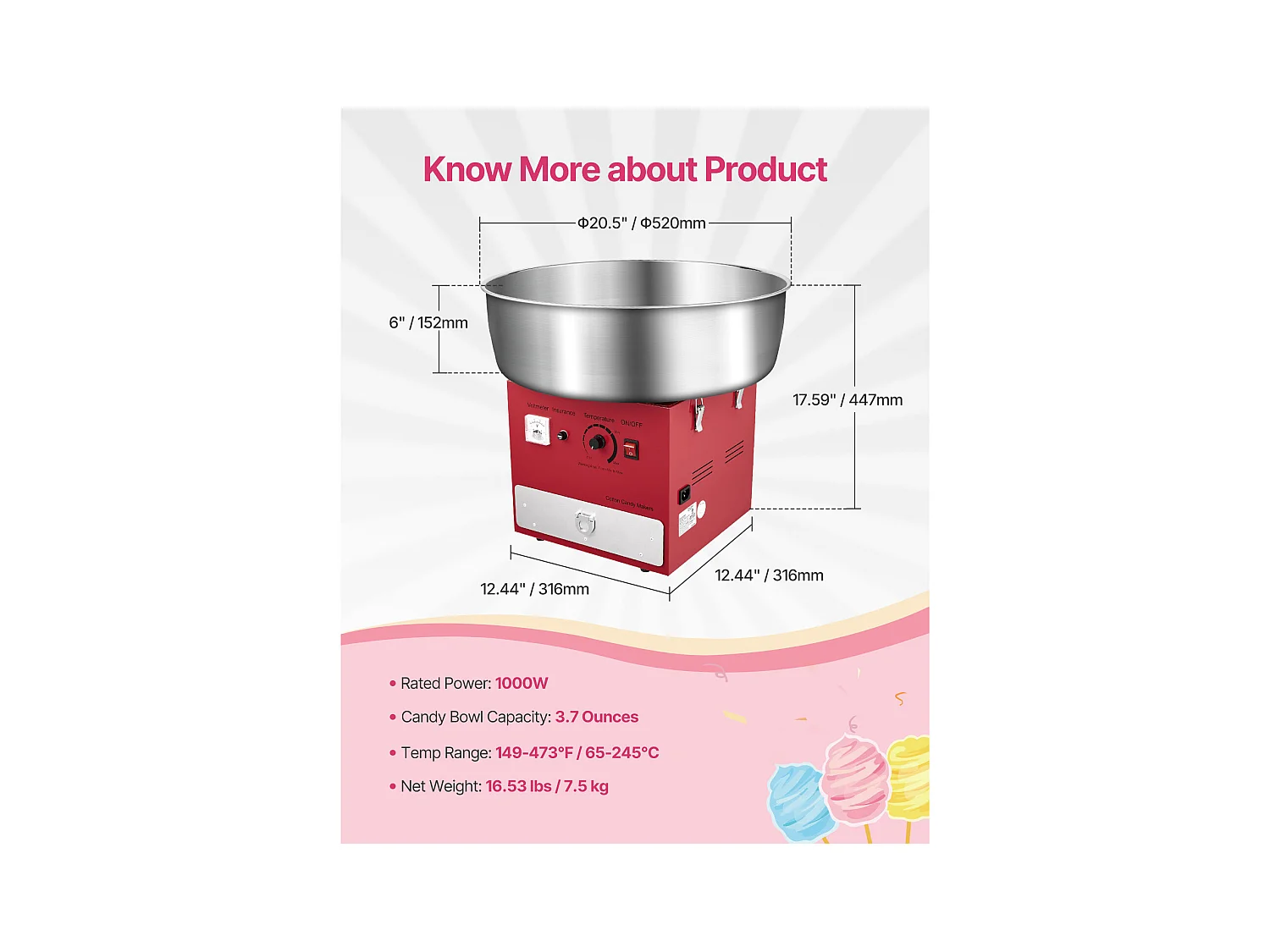 Machine à Barbe à Papa Électrique SucceBuy Appareil Commercial avec Bol en Acier Inoxydable de 52 cm Cuillère à Sucre et Tiroir, Rouge, 1000 W